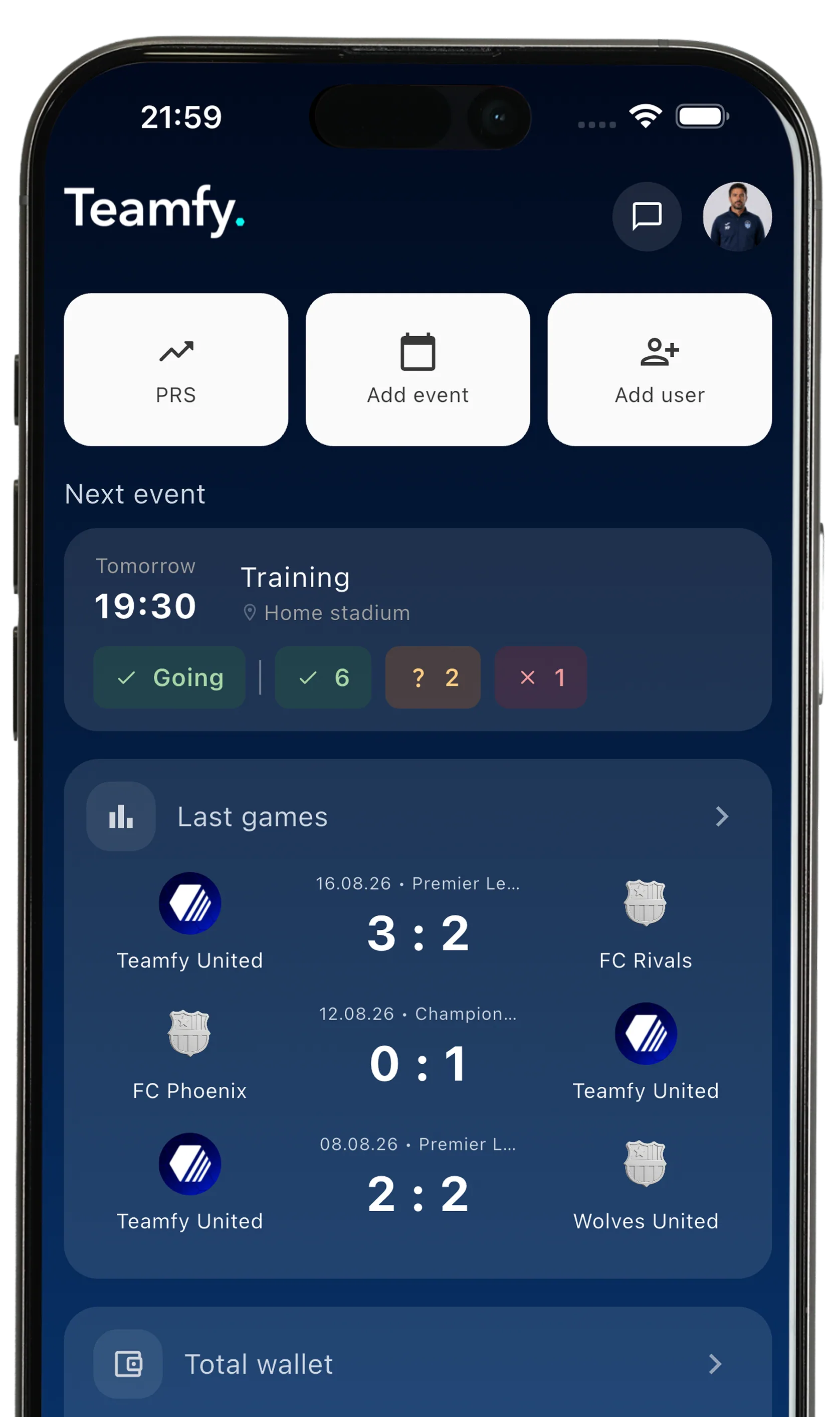 The Teamfy app home screen, showing the next event with RSVPs and the latest results