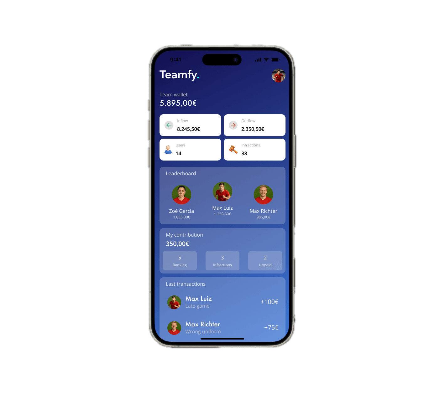 Teamfy app showing the team wallet dashboard with balance, leaderboard and recent transactions