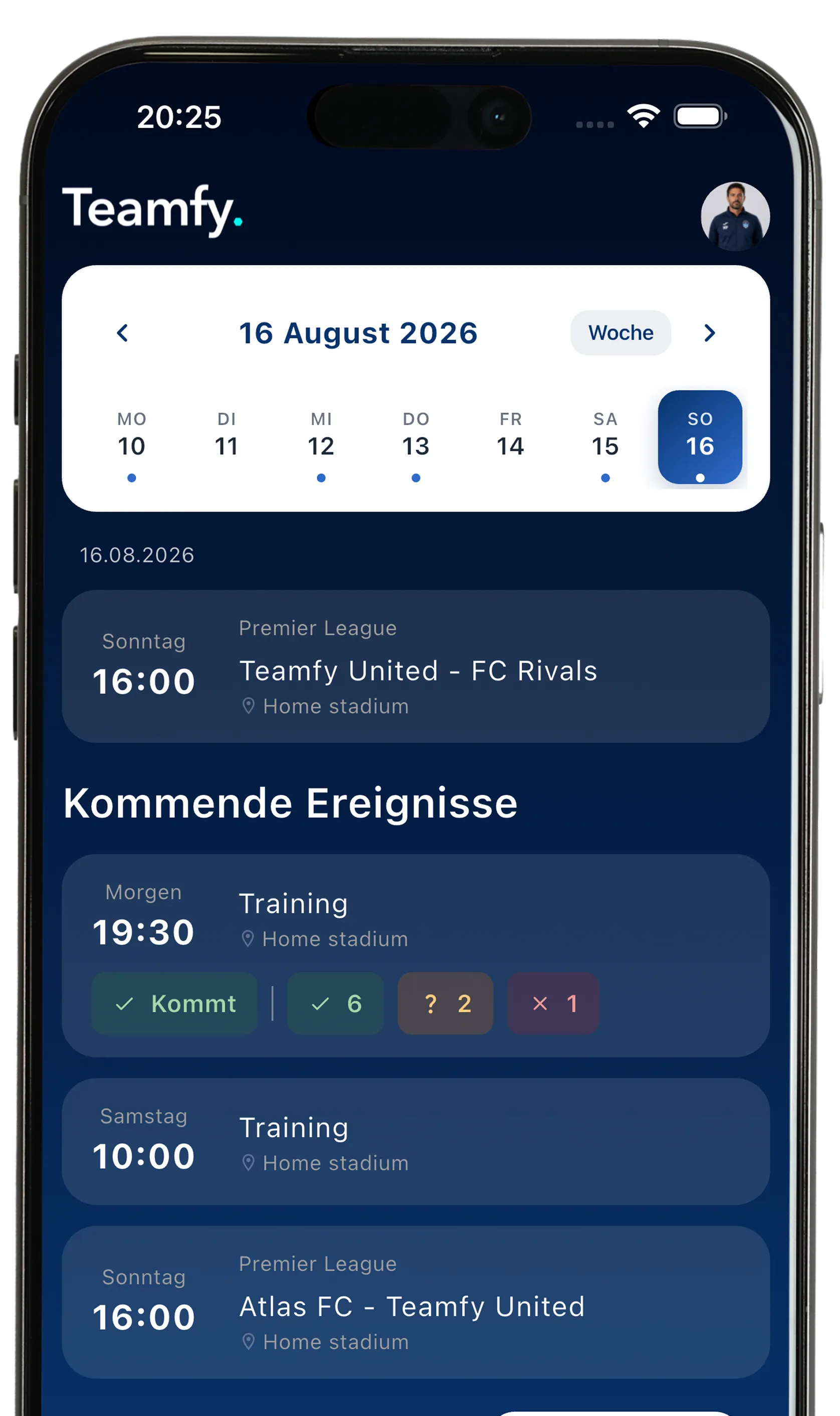 Kalender & Zusagen — Screenshot der Teamfy-App