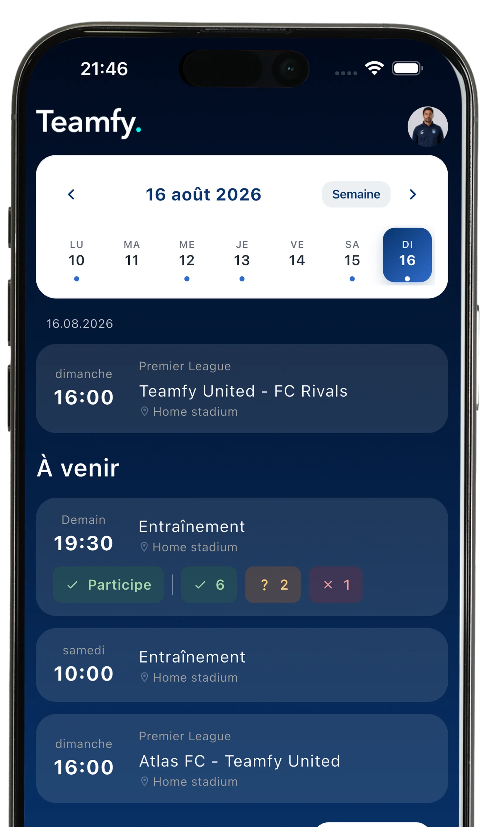 Calendrier & réponses — capture d'écran de l'appli Teamfy