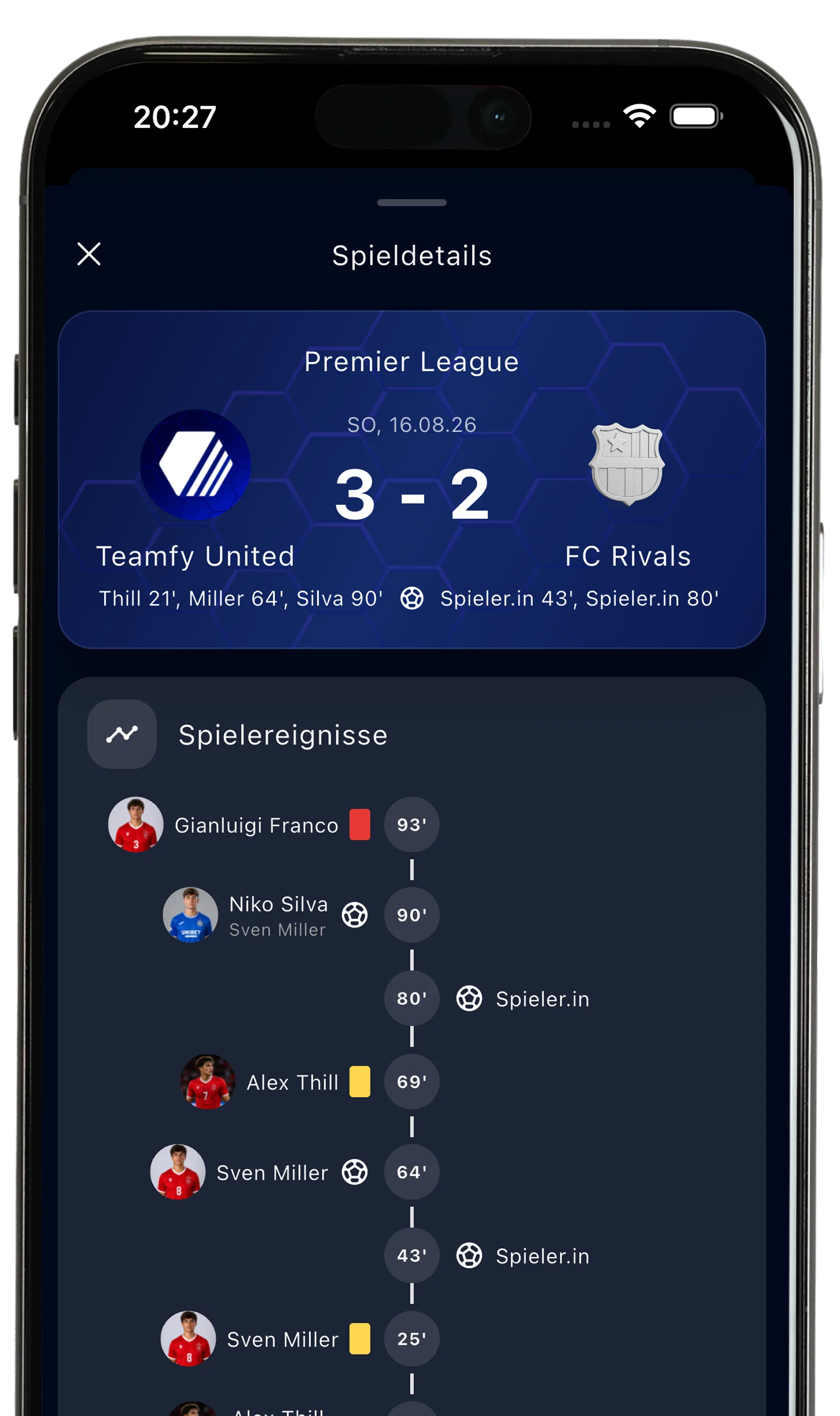 Suivi de match en direct — capture d'écran de l'appli Teamfy