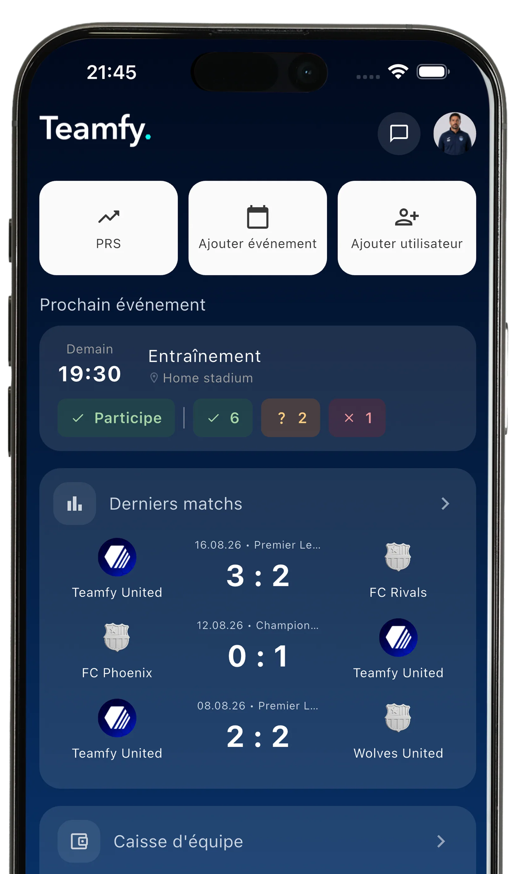 L'écran d'accueil de l'appli Teamfy, avec le prochain événement, les réponses et les derniers résultats