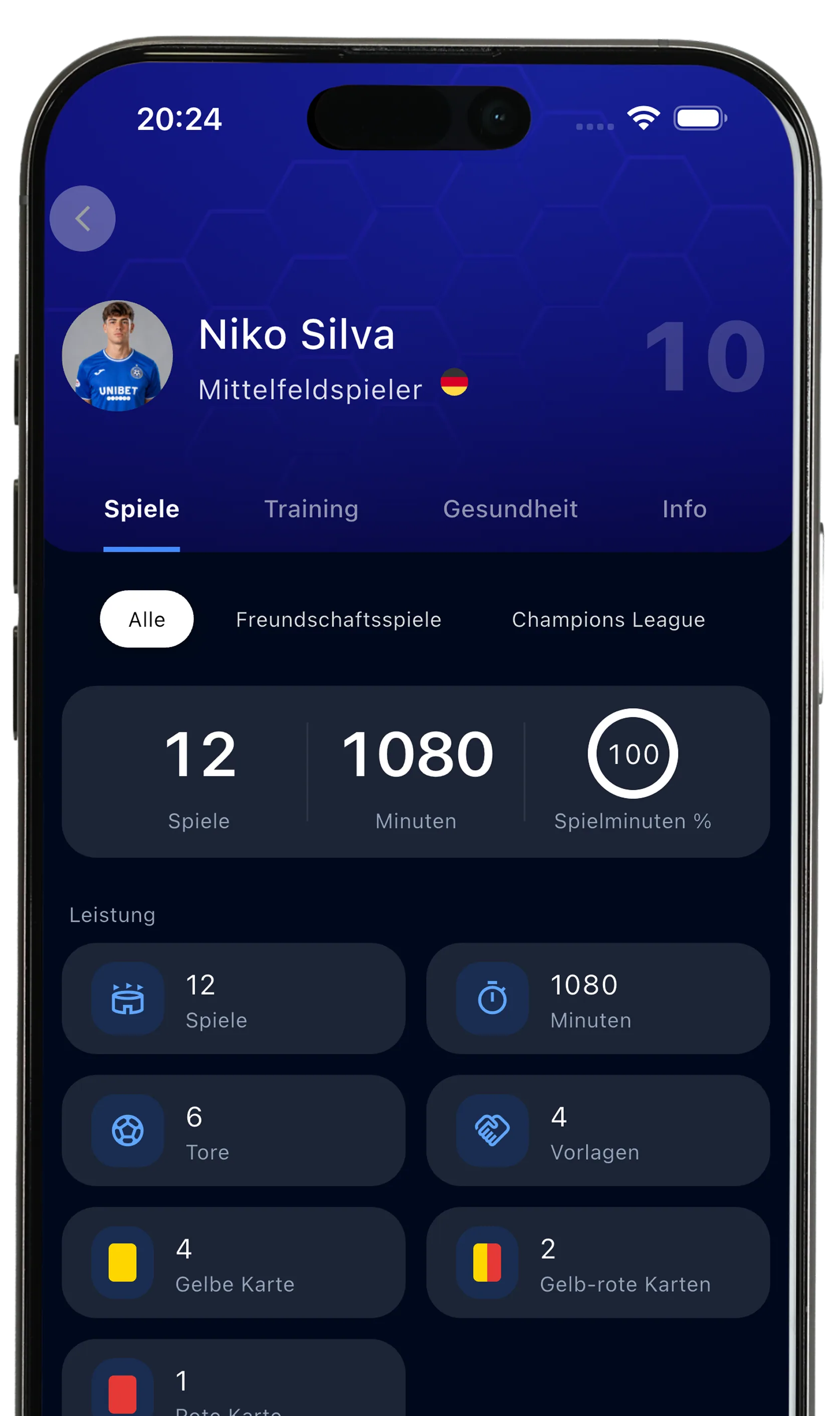 Teamdaten & Spielerstatistiken — Screenshot der Teamfy-App