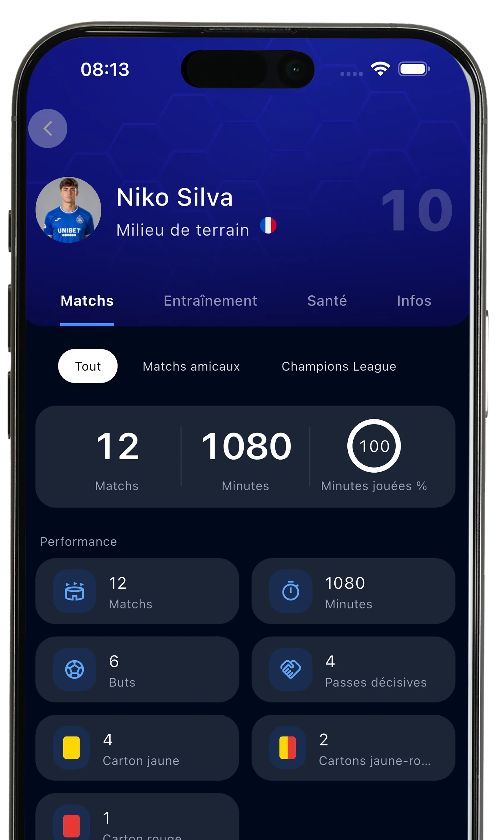 Données d'équipe & stats des joueurs — capture d'écran de l'appli Teamfy