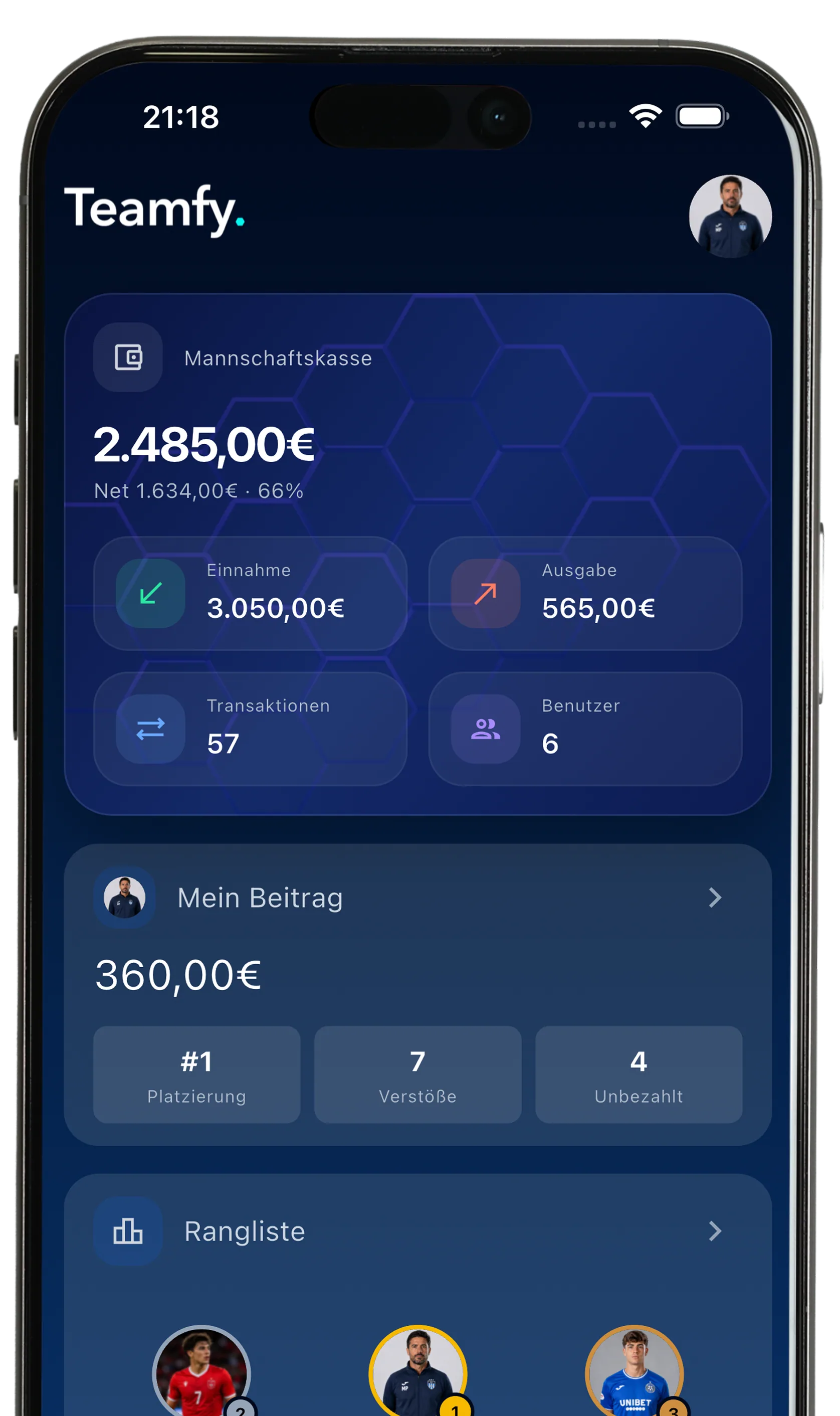 Mannschaftskasse — Screenshot der Teamfy-App