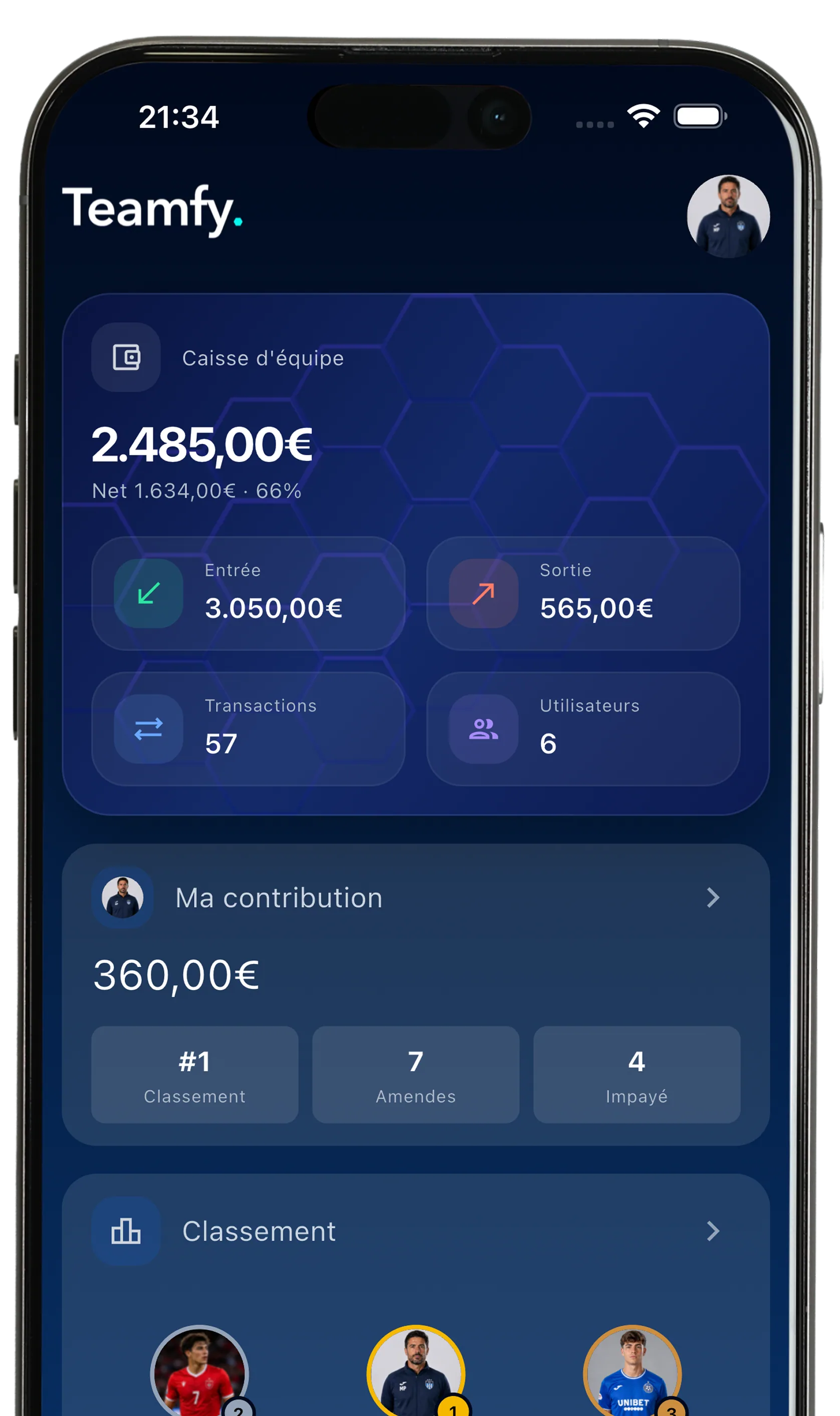 Caisse d'équipe — capture d'écran de l'appli Teamfy